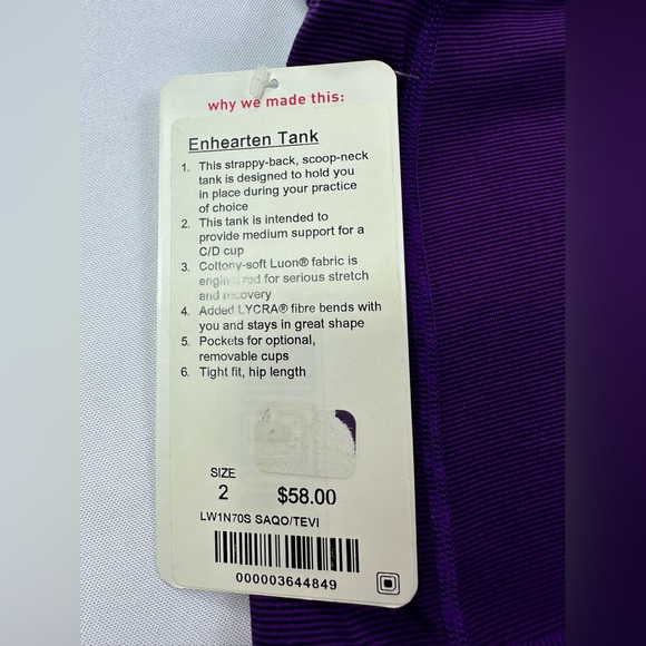 NWT Lululemon Enhearten Tank purple size 2 - Picture 7 of 7